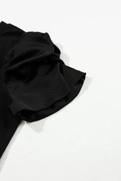 Best Dear-Lover Ruched Puff Sleeve Crew Neck Tee Black
