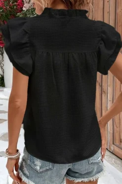New Dear-Lover Ruffle Accent Flutter Sleeve Notch Neck Top Black