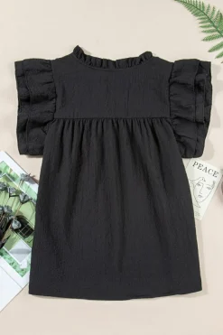 New Dear-Lover Ruffle Accent Flutter Sleeve Notch Neck Top Black