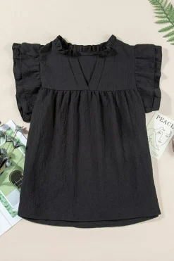 New Dear-Lover Ruffle Accent Flutter Sleeve Notch Neck Top Black