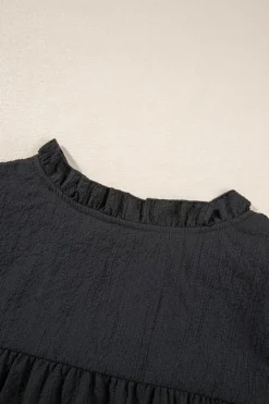 New Dear-Lover Ruffle Accent Flutter Sleeve Notch Neck Top Black
