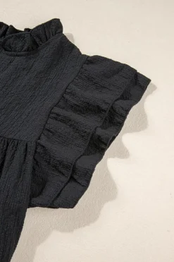 New Dear-Lover Ruffle Accent Flutter Sleeve Notch Neck Top Black