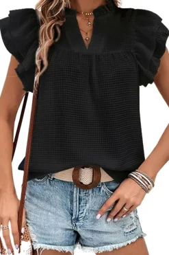 New Dear-Lover Ruffle Accent Flutter Sleeve Notch Neck Top Black