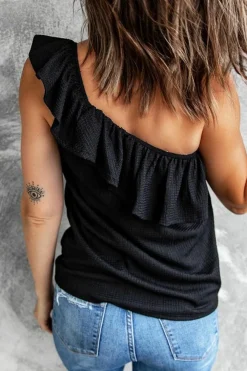 Fashion Dear-Lover Ruffle One Shoulder Crinkle Tank Black