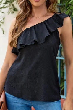 Fashion Dear-Lover Ruffle One Shoulder Crinkle Tank Black