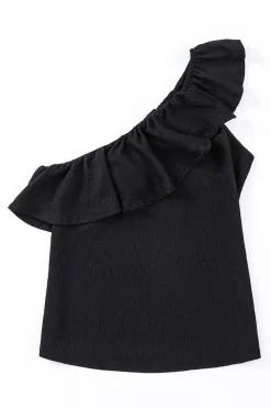 Fashion Dear-Lover Ruffle One Shoulder Crinkle Tank Black