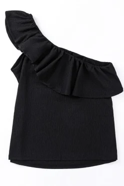 Fashion Dear-Lover Ruffle One Shoulder Crinkle Tank Black
