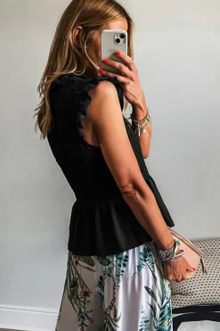 Online Dear-Lover Ruffle Short Sleeve Shirred Peplum Top Black