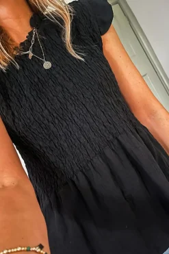 Online Dear-Lover Ruffle Short Sleeve Shirred Peplum Top Black