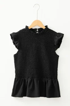 Online Dear-Lover Ruffle Short Sleeve Shirred Peplum Top Black
