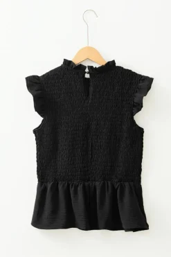 Online Dear-Lover Ruffle Short Sleeve Shirred Peplum Top Black