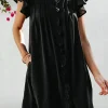 Discount Dear-Lover Ruffle Sleeve V Neck Frilled Shift Dress Black