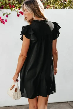 Discount Dear-Lover Ruffle Sleeve V Neck Frilled Shift Dress Black