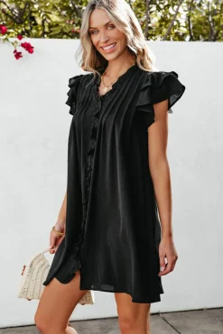 Discount Dear-Lover Ruffle Sleeve V Neck Frilled Shift Dress Black