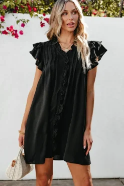Discount Dear-Lover Ruffle Sleeve V Neck Frilled Shift Dress Black