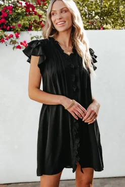 Discount Dear-Lover Ruffle Sleeve V Neck Frilled Shift Dress Black