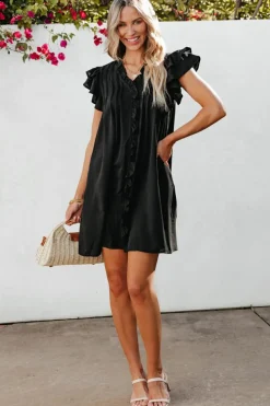 Discount Dear-Lover Ruffle Sleeve V Neck Frilled Shift Dress Black