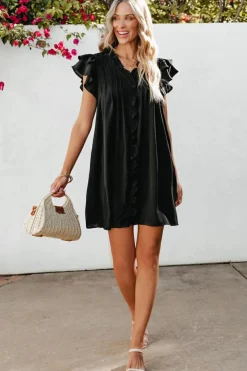 Discount Dear-Lover Ruffle Sleeve V Neck Frilled Shift Dress Black