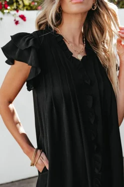 Discount Dear-Lover Ruffle Sleeve V Neck Frilled Shift Dress Black