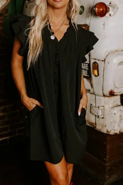 Discount Dear-Lover Ruffle Sleeve V Neck Frilled Shift Dress Black
