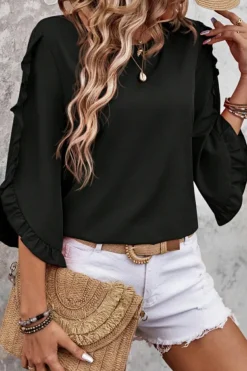 Outlet Dear-Lover Ruffle Trimmed 3/4 Sleeve Round Neck Blouse Black