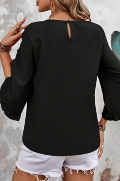 Outlet Dear-Lover Ruffle Trimmed 3/4 Sleeve Round Neck Blouse Black
