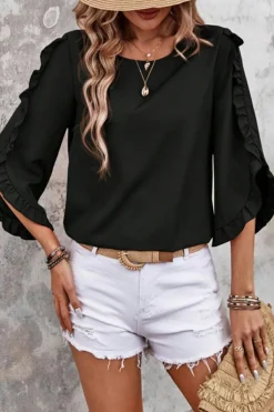 Outlet Dear-Lover Ruffle Trimmed 3/4 Sleeve Round Neck Blouse Black