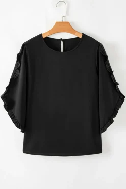 Outlet Dear-Lover Ruffle Trimmed 3/4 Sleeve Round Neck Blouse Black