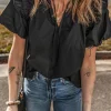 Fashion Dear-Lover Ruffled Puff Short Sleeve Loose Blouse Black