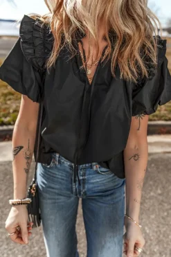 Fashion Dear-Lover Ruffled Puff Short Sleeve Loose Blouse Black