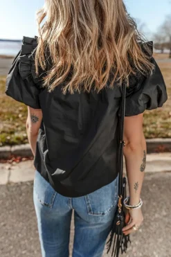 Fashion Dear-Lover Ruffled Puff Short Sleeve Loose Blouse Black