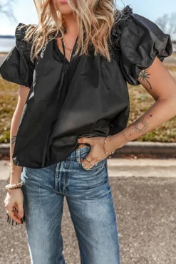 Fashion Dear-Lover Ruffled Puff Short Sleeve Loose Blouse Black
