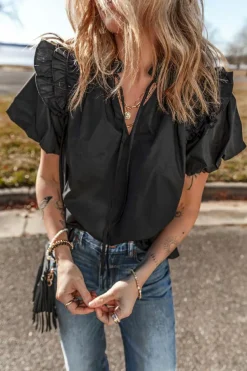 Fashion Dear-Lover Ruffled Puff Short Sleeve Loose Blouse Black