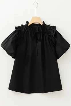 Fashion Dear-Lover Ruffled Puff Short Sleeve Loose Blouse Black
