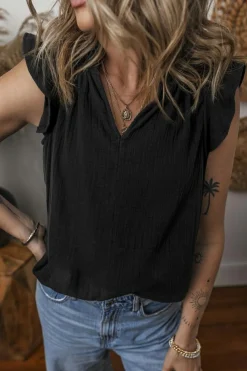 Outlet Dear-Lover Ruffled Shoulder V Neck Shift Tank Top Black