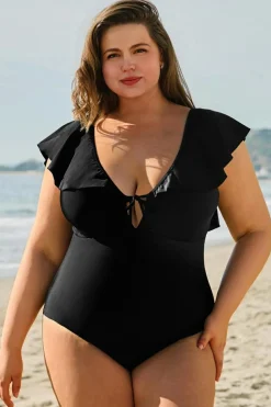 Outlet Dear-Lover Ruffled Sleeve Lace-up V Neck Plus Size One Piece Swimsuit Black