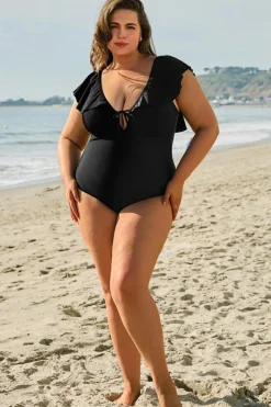 Outlet Dear-Lover Ruffled Sleeve Lace-up V Neck Plus Size One Piece Swimsuit Black