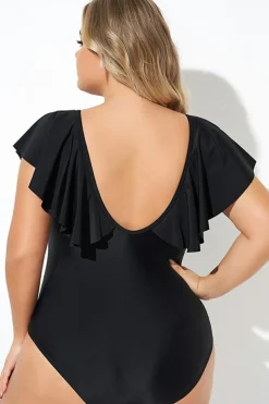 Outlet Dear-Lover Ruffled Sleeve Lace-up V Neck Plus Size One Piece Swimsuit Black