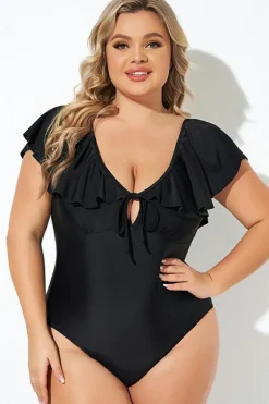 Outlet Dear-Lover Ruffled Sleeve Lace-up V Neck Plus Size One Piece Swimsuit Black