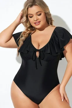 Outlet Dear-Lover Ruffled Sleeve Lace-up V Neck Plus Size One Piece Swimsuit Black