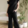 Online Dear-Lover Ruffled Sleeve Summer Top and Cropped Loose Pants Set Black