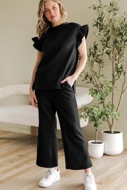 Online Dear-Lover Ruffled Sleeve Summer Top and Cropped Loose Pants Set Black