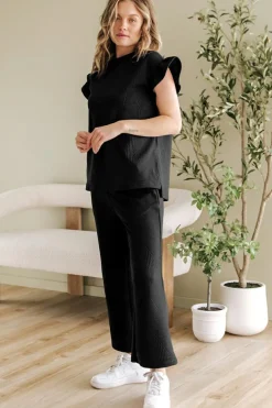Online Dear-Lover Ruffled Sleeve Summer Top and Cropped Loose Pants Set Black