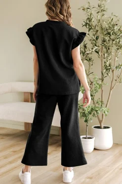 Online Dear-Lover Ruffled Sleeve Summer Top and Cropped Loose Pants Set Black