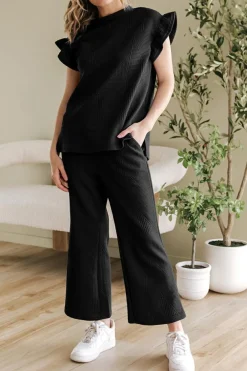 Online Dear-Lover Ruffled Sleeve Summer Top and Cropped Loose Pants Set Black