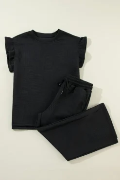Online Dear-Lover Ruffled Sleeve Summer Top and Cropped Loose Pants Set Black