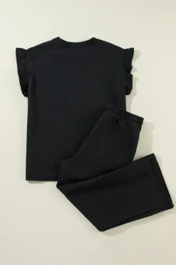 Online Dear-Lover Ruffled Sleeve Summer Top and Cropped Loose Pants Set Black