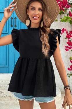 Best Dear-Lover Ruffled Textured Summer Blouse Black