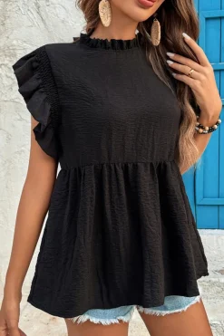 Best Dear-Lover Ruffled Textured Summer Blouse Black