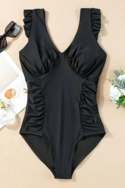 Hot Dear-Lover Ruffled Trim Ruched One Piece Bathing Suit Black